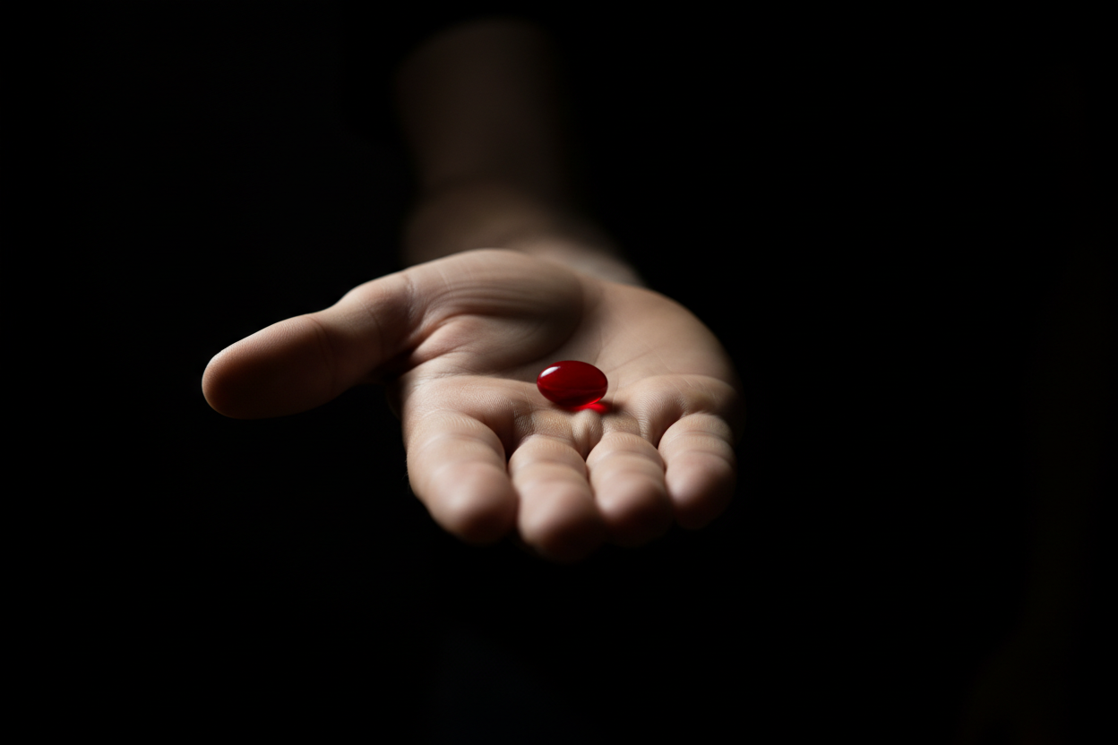 hand extending a red pill with a black background