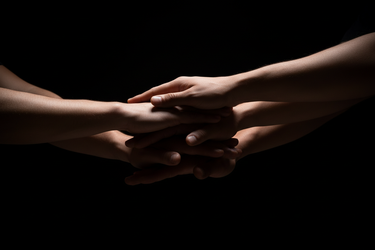 hands all in on top of each other with black background