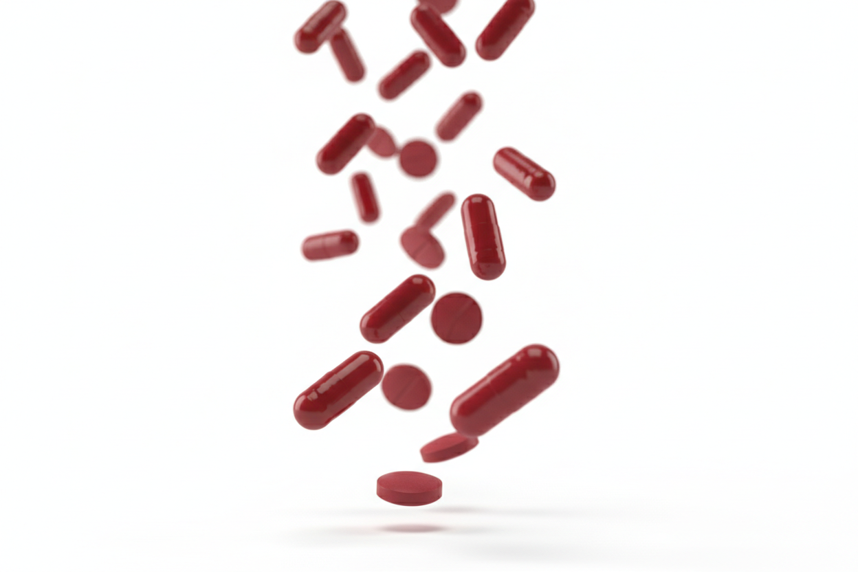 red pills falling white background